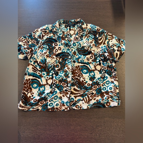 Erika Tops - Erika Women’s Brown and Blue Patterned Shirt Button Down Short Sleeve Size 1X
